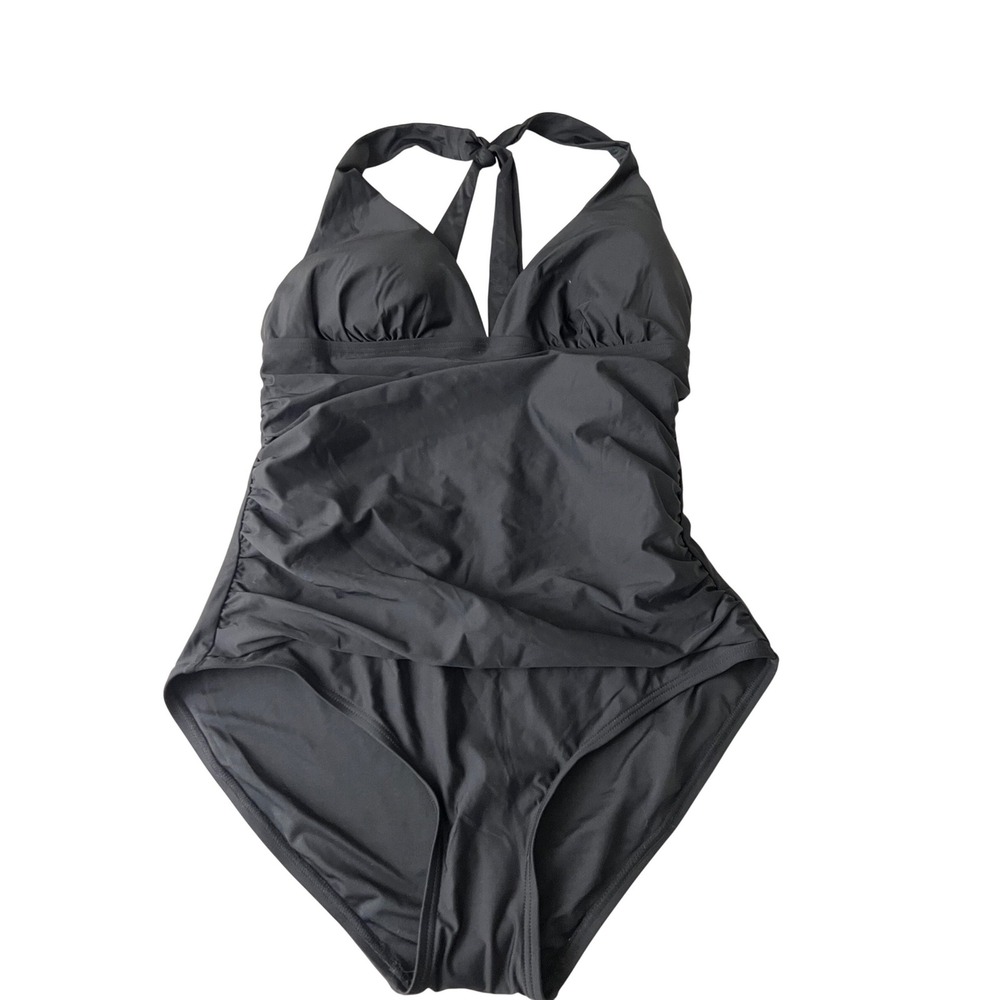 DKNY One Piece Swimsuit Women Large Black Halter Ruched 8195